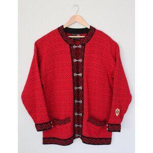WINDFJORD Norway 100% Pure New Wool Red Black Clasp Cardigan Sweater, Size XXL